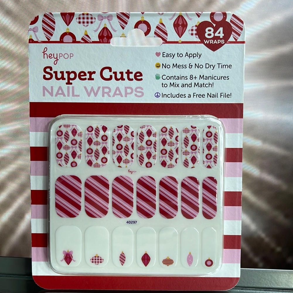 heypop 84 Nail Wraps ~ Christmas Ornaments & Candy Cane Stripes ~ BNIB
